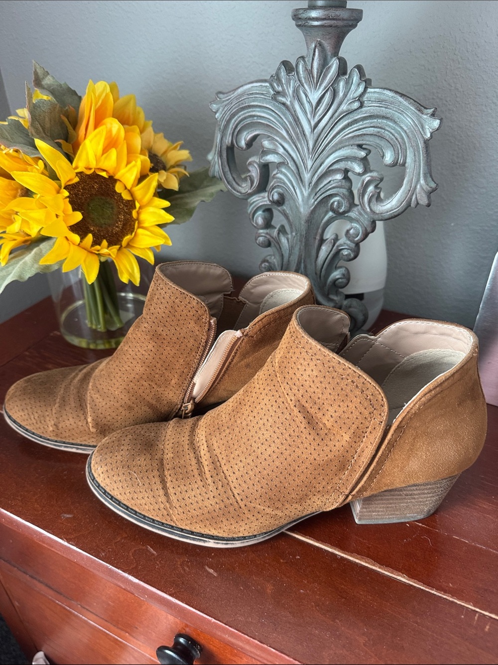 Life Stride Tan Suede Perforated Ankle Booties
